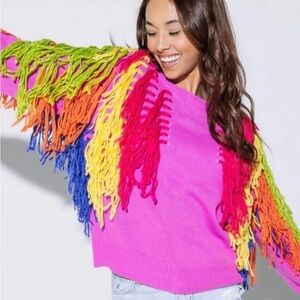 NWT Queen of Sparkles Large Rainbow Fringe Sweater